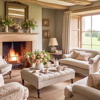 Neutral cottage sitting room with fireplace, living room interior design and country house home decor, sofa and lounge furniture, English countryside style interiors