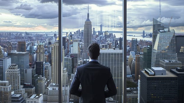 Rear view of a business man in a suit looking out a window at the city with skyscrapers in the background.