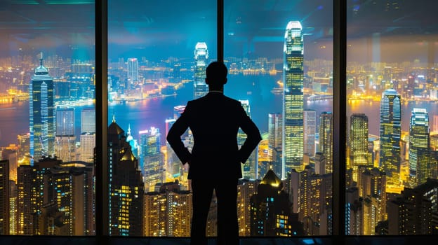 Rear view of business man silhouette looking out the window from his office overlooking a night cityscape.
