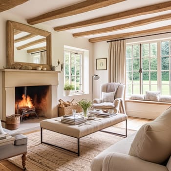 Modern cottage sitting room with fireplace, living room interior design and country house home decor, sofa and lounge furniture, English countryside style interiors