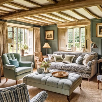 Modern cottage sitting room, living room interior design and country house home decor, sofa and lounge furniture, English Cotswolds countryside style interiors