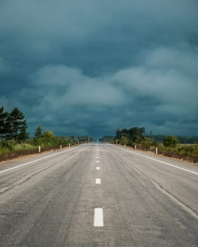 A long, straight highway stretches into the distance toward a dense forest under a cloudy sky.