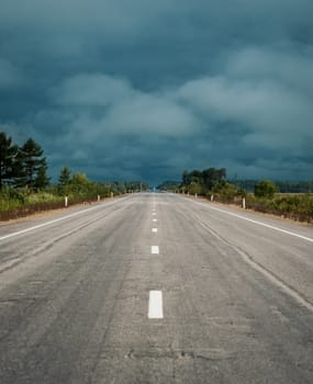 A long, straight highway stretches into the distance toward a dense forest under a cloudy sky.