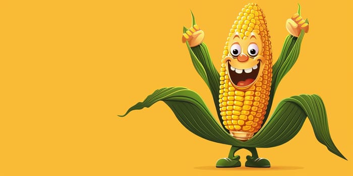 Cartoon happy corn with hands up and isolated on bright yellow background