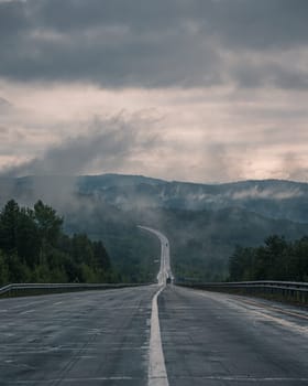 A long, straight highway stretches into the distance toward a dense forest under a cloudy sky.