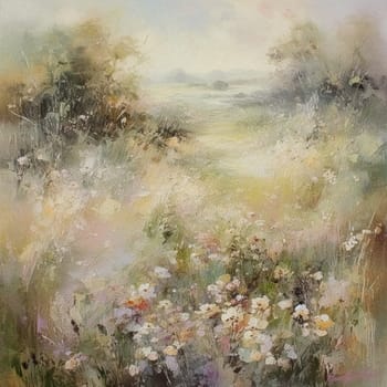 Oil style fine art painting of the English countryside, depicting romantic floral meadow, flowers field in soft pastel colours, evoking a sense of tranquility and natural beauty, printable art design