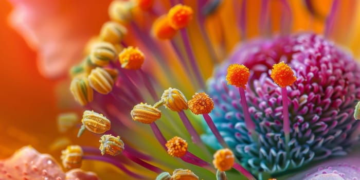 Colorful and textured surface of pollen grains collected on a stamen of a flower