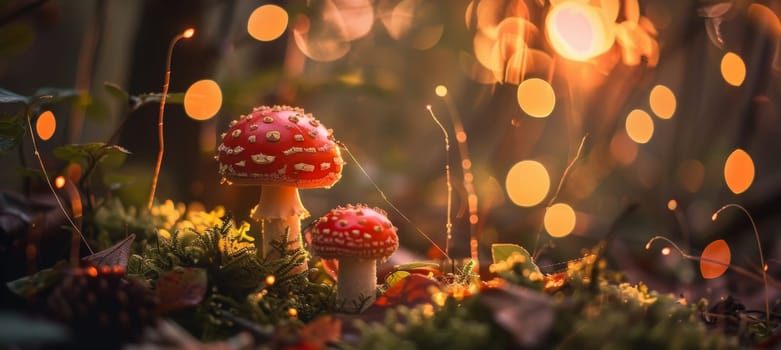 Detail to amanita muscaria, poisonous mushroom in a forest during sunset