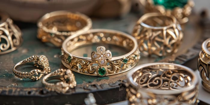Settings of fine jewelry pieces, focusing on details such as a prongs, bezels, or filigree work