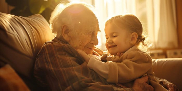 Moment of young child visiting an elderly relative in a nursing home, sharing smiles and laughter