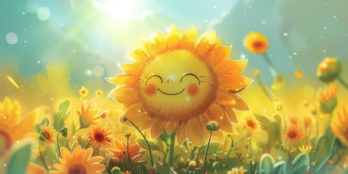 Cartoon smiling sunflower enjoying a sunny day