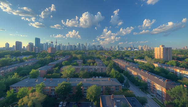 A stunning aerial view showcases a residential area with a backdrop of city skyline. The sky is filled with fluffy cumulus clouds and towering buildings, merging urban design with natural landscape