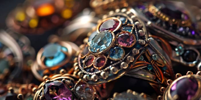 Details of a jewelry pieces such as rings, necklaces, or earrings, highlighting the gemstones, metalwork, and surface finishes