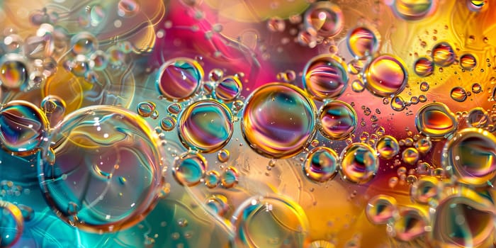 Mesmerizing bubbles in liquids like water, soap, or oil, showcasing their an iridescent colors