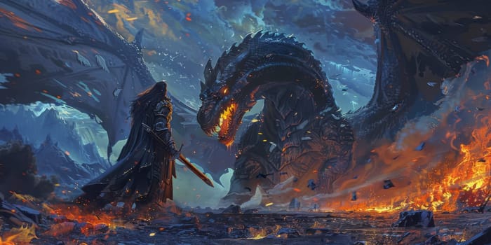 Warrior fighting with a huge dragon, mystic fight