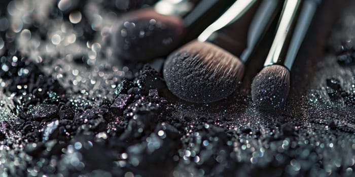 Macro detail to a makeup brushes with shimmering particles around
