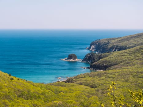 A stunning coastal landscape showcases rugged cliffs, lush green vegetation, and a clear blue sea on a bright sunny day.