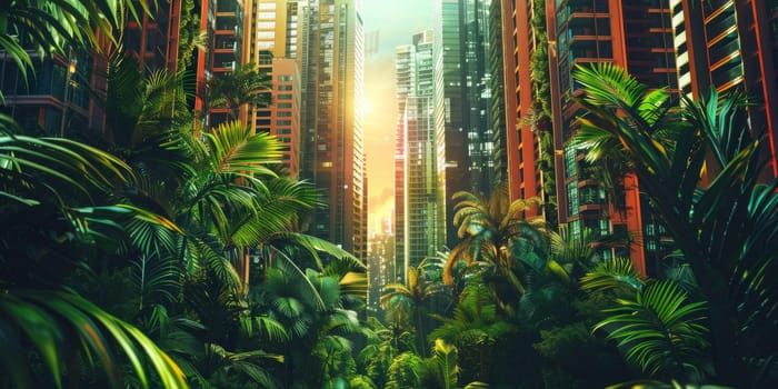 Nature and urban life with an image of vibrant cityscape intertwined with lush vegetation