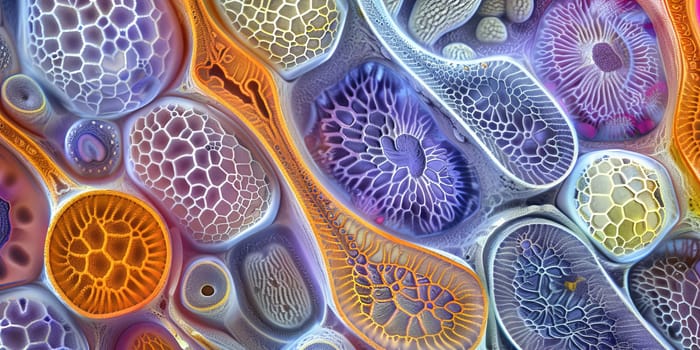 Detail of structures such as pollen grains, leaf veins, or plant cells
