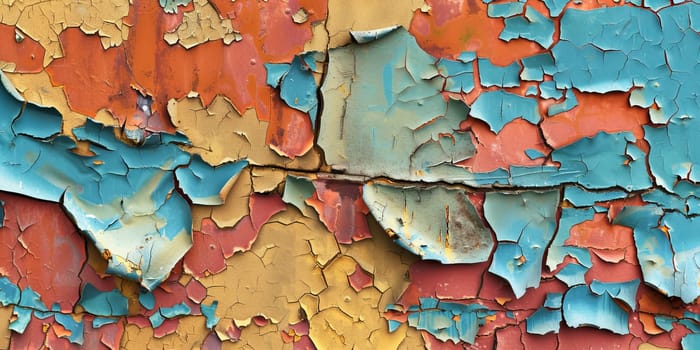 Close up of peeling paint on old abandoned building, revealing the rich layers of color and texture