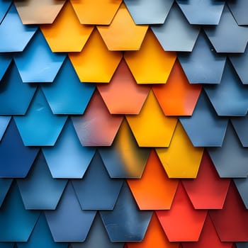 A closeup of a row of colorful tiles on a wall, featuring azure, orange triangles and rectangles with symmetrical patterns. The lines, fonts, and materials properties create a parallel design