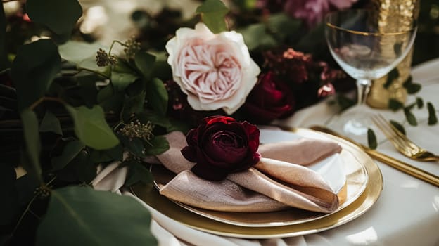 Wedding and event celebration tablescape with flowers, formal dinner table setting with roses and wine, elegant floral table decor for dinner party and holiday decoration, home styling idea