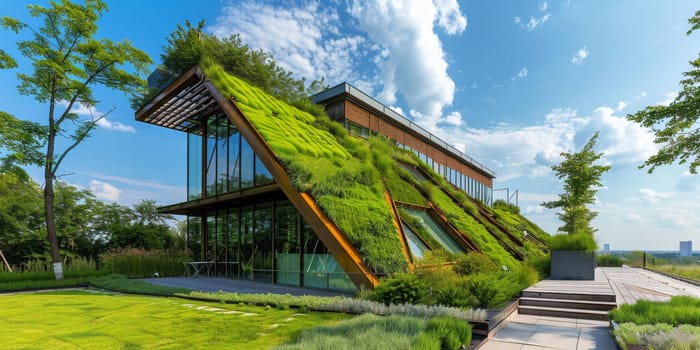 Green building designs with images of energy-efficient buildings, a green roofs