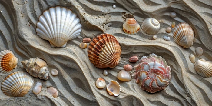 Zoom in on the intricate patterns and textures found in a sand grains, seashells, and beach pebbles