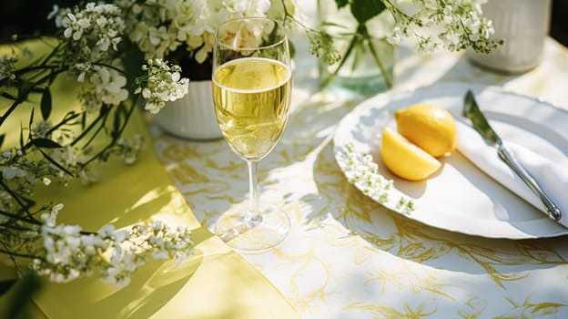 Wedding or formal dinner holiday celebration tablescape with lemons and flowers in the English countryside garden lemon tree, home styling inspiration