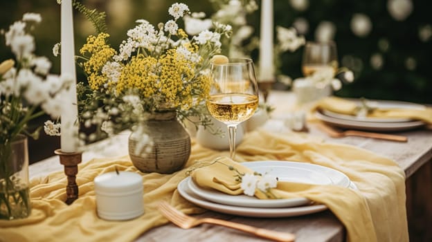 Wedding or formal dinner holiday celebration tablescape with lemons and flowers in the English countryside garden lemon tree, home styling inspiration