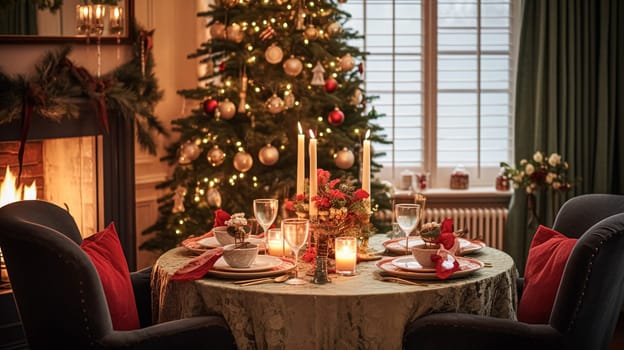 Table decor for festive family dinner at home, holiday tablescape and table setting, formal for wedding, celebration, English countryside and home styling