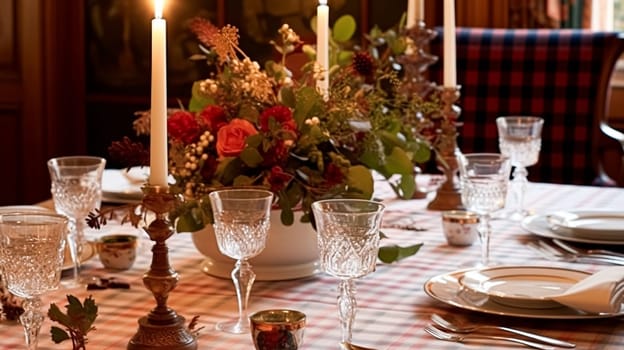 Festive table decor, holiday tablescape and dinner table setting, formal event decoration for wedding, family celebration, English country and home styling inspiration
