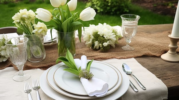 Table decor, holiday tablescape and dinner table setting in countryside garden, formal event decoration for wedding, family celebration, English country and home styling inspiration