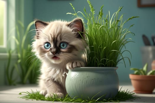 cute Ragdoll kitten eating green juicy grass from a pot, isolated on a white background .