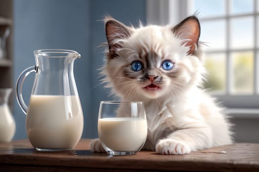 cute Ragdoll kitten and fresh milk in a glass, isolated on a blue background .