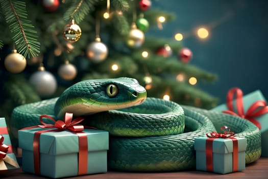 New Year snake with gifts under the Christmas tree, New Year card .