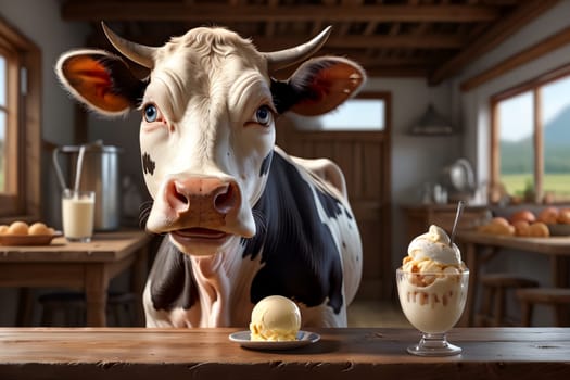 cute cow looking at milk ice cream in a glass .