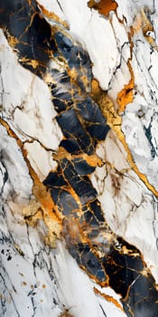 A detailed closeup capturing the intricate pattern of a black and gold marble texture, resembling a fusion of art and nature with hints of plant and rock elements