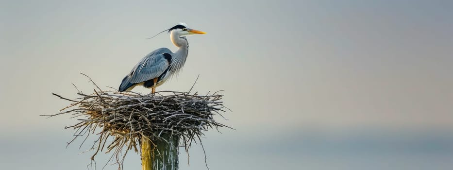 The crane sits in the nest. Selective focus. animal.