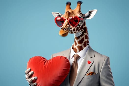 Cute giraffe in love with big valentine .