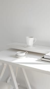 A white desk with a cup of coffee and books on it, made of wood and metal. The dishware and serveware sit on the table while the automotive exterior resembles a sleek design