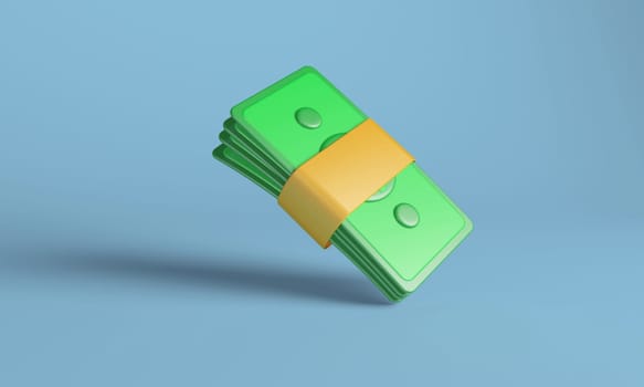 3D illustration of green dollar bills secured with an orange band on blue background. investment concept.