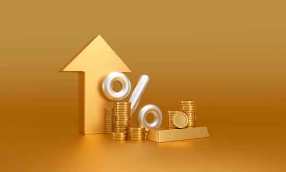 Luxurious 3D illustration of a percentage sign, stacks of gold coins, and an upward arrow on golden background