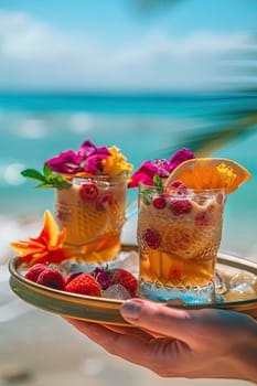 Beautiful exotic cocktails on the beach. Selective focus. drinks.