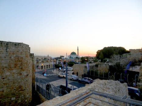 Evening view of the city of Akko in Israel. Akko, Israel - November 30, 2023