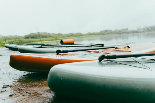 Multiple inflatable paddleboards lined up on the shore of a serene lake, ready for entertainment and water activities.