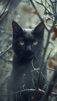 A Carnivore Felidae with black fur and yellow eyes, a small to mediumsized cat, a Domestic shorthaired cat, is sitting in a tree. Its whiskers twitch as it watches the grass below