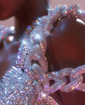 A closeup of a woman wearing a body jewelry necklace made of rhinestones, featuring a glittering pattern in magenta and electric blue adornments