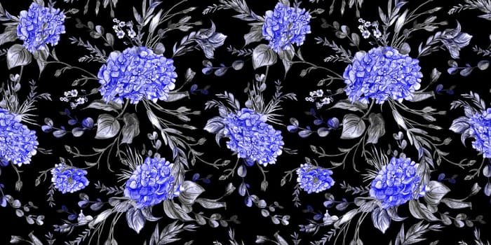 Seamless watercolor pattern drawn in pencil with flower hydrangeas on black background