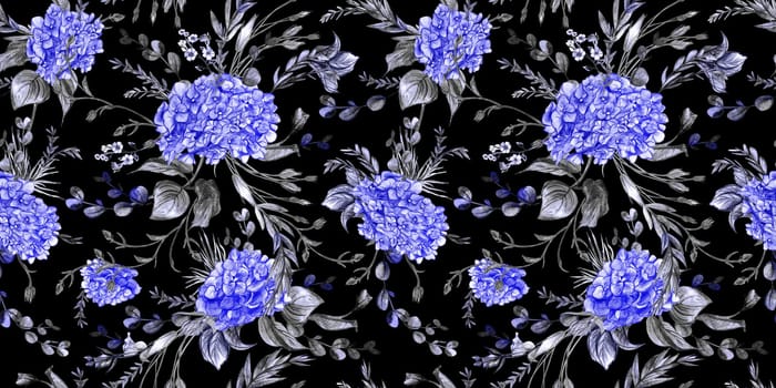 Seamless watercolor pattern drawn in pencil with flower hydrangeas on black background